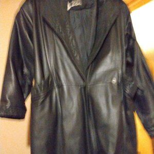 Winslet Black Leather Long Coat. Women's XS